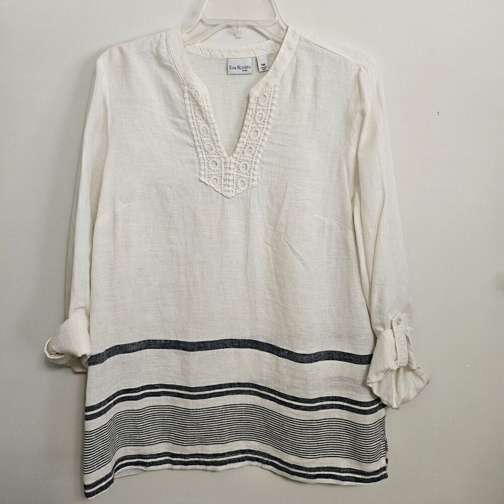 Kim Rogers Sz PM Ivory Linen Blend Blue Stripes Roll Tab Sleeve V-Neck Blouse